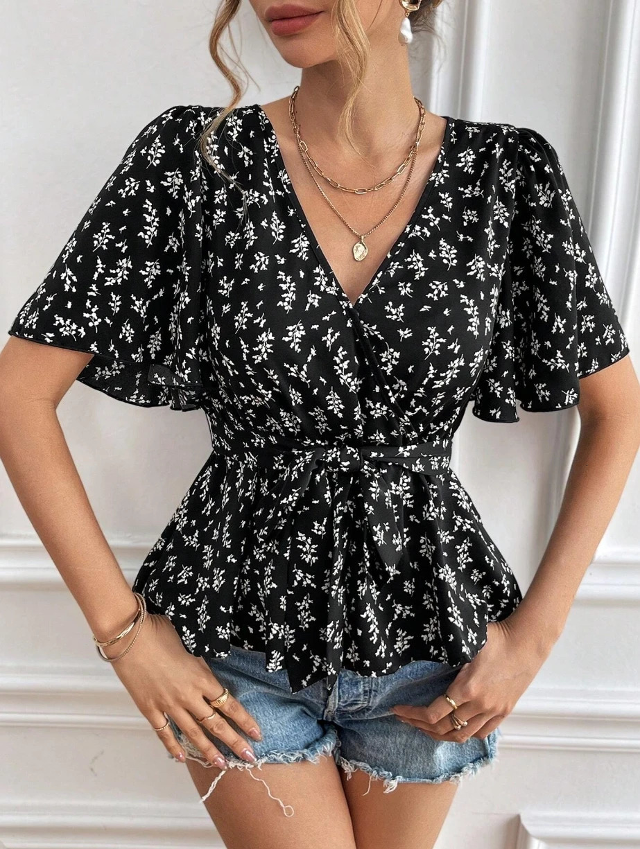 1 sweet floral Vneck short sleeved shirt with belt womens summer French n abdominal coverage weight loss temperature top 250425