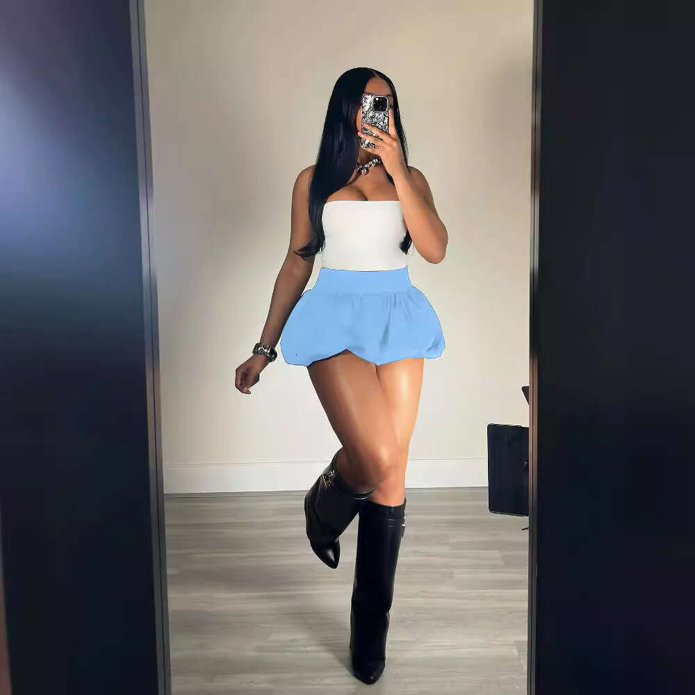 European and American style pleated bubble solid color elastic waist ultra short mini skirt 2025 new casual fashion trend clothing