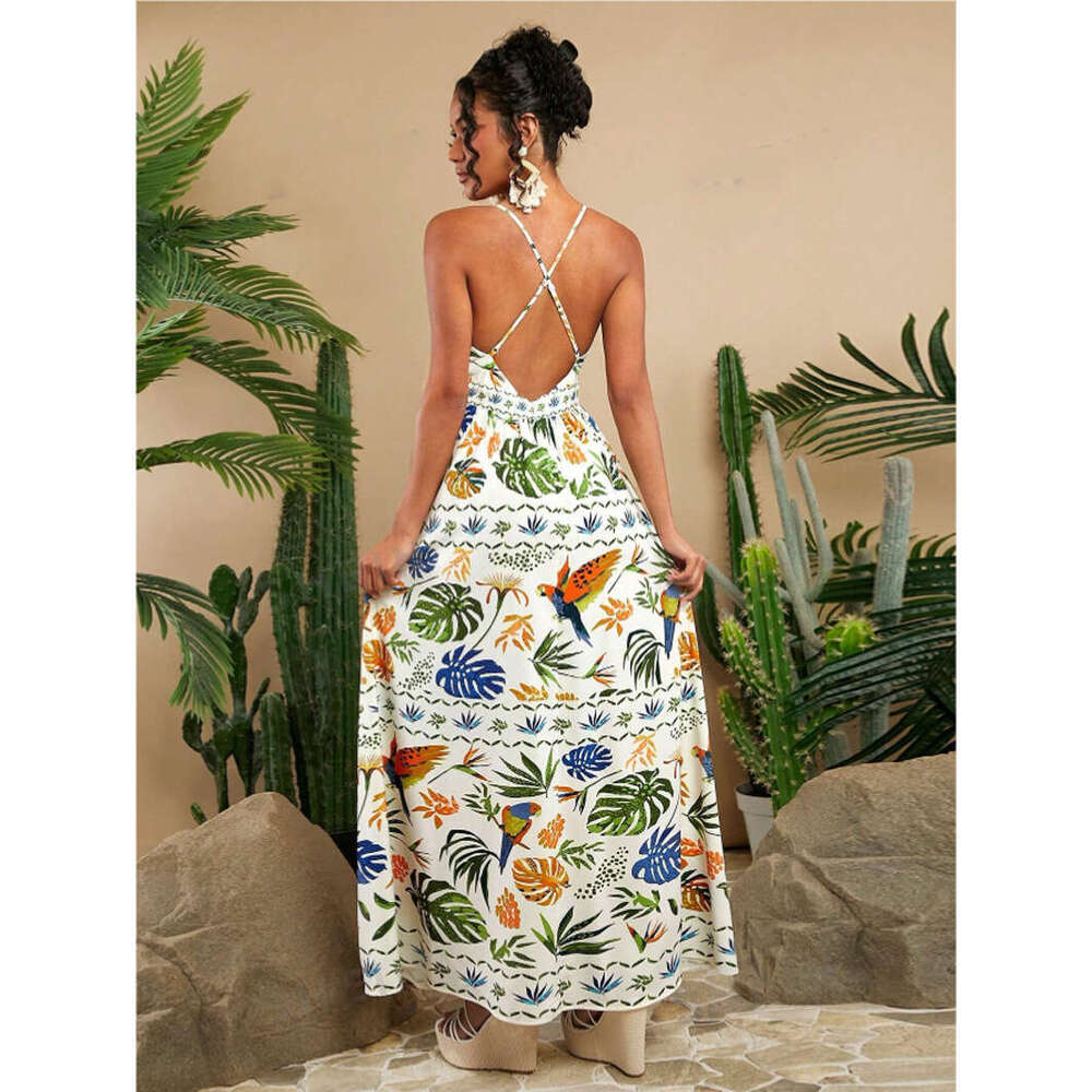 European and American beach vacation style summer woven backless long women's white dress 2025 new casual versatile fashion clothing