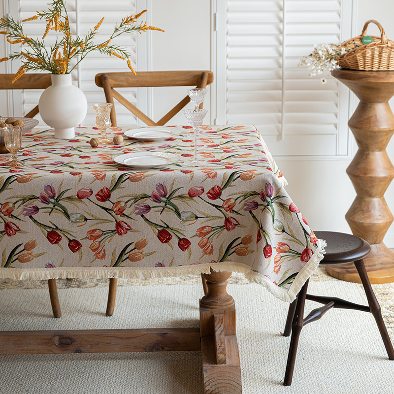 T0480 American cotton and linen tablecloth pastoral style high-end tablecloth oil painting style yarn-dyed jacquard tablecloth coffee table cover