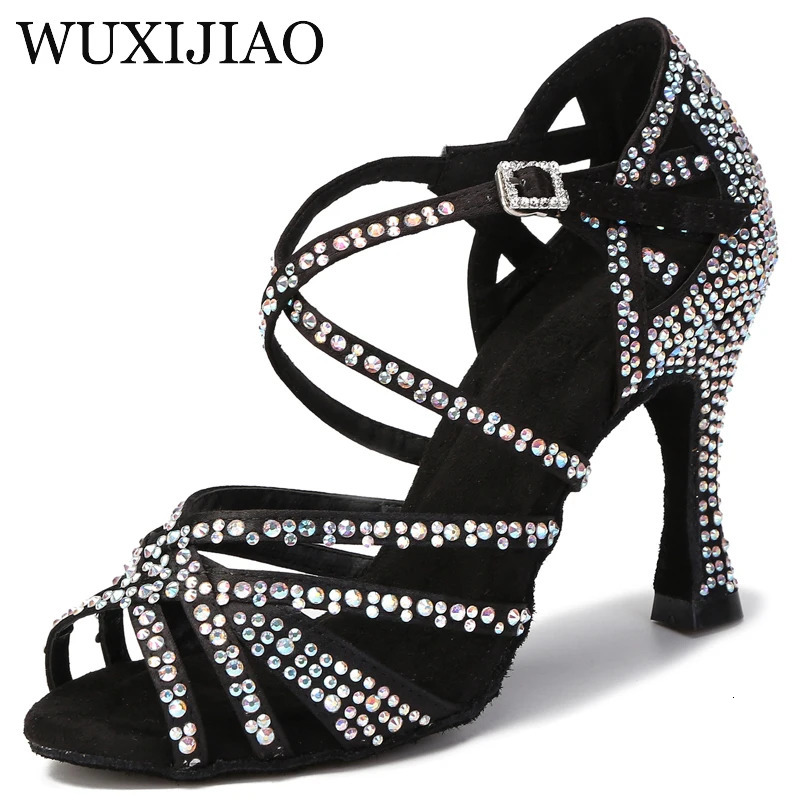 Wuxi womens party dance shoes satin shiny rhinestone soft sole Latin dance shoes womens salsa dance shoes 250425