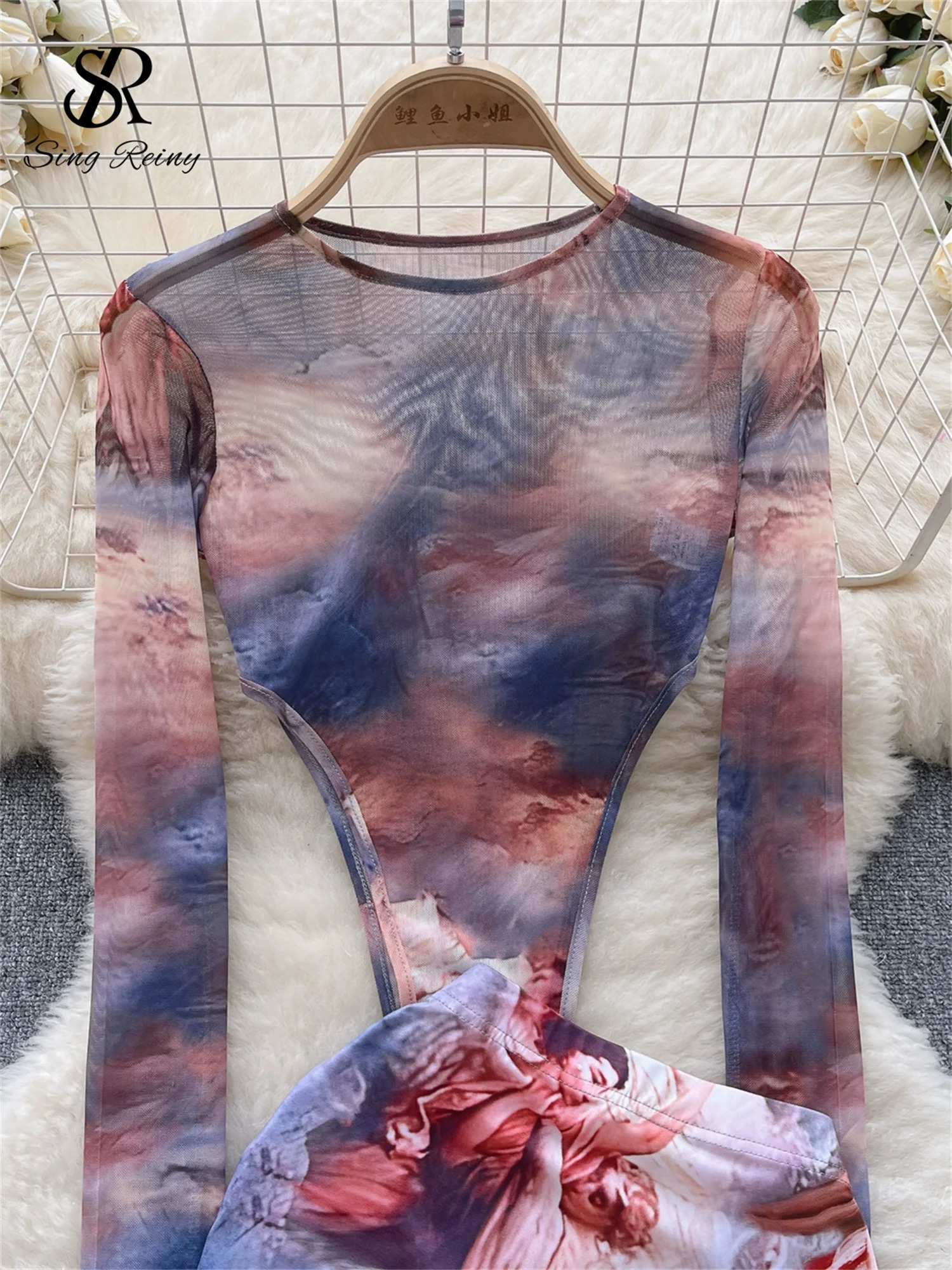 SINGREENY Fashion week twopiece set with Oneck long sleeved transparent bodysuit top and tight mini tie dye print 250430e