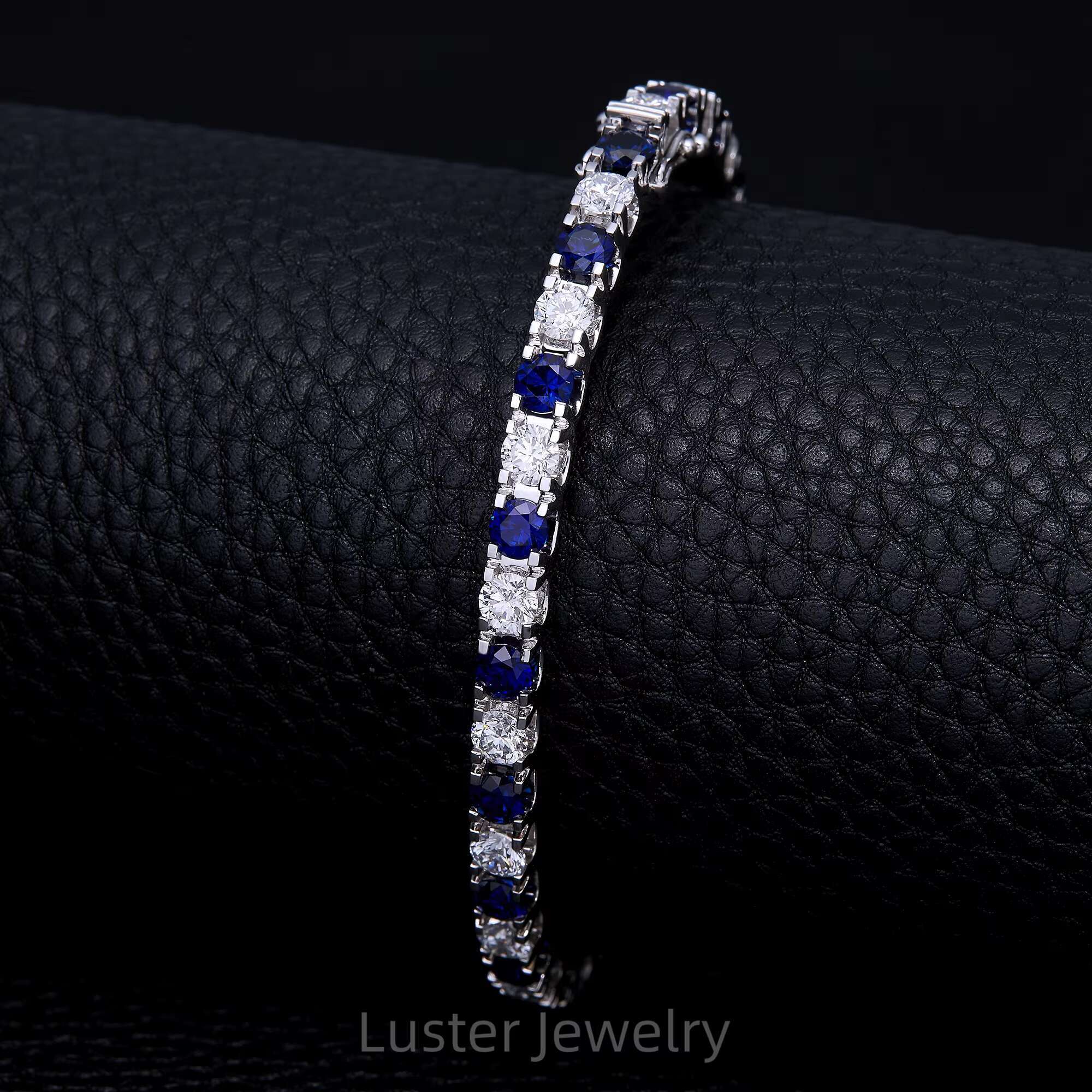 Luster Glamorous 925 Sterling Silver 4mm VVS Round Moissanite Diamond Royal Blue Lab Sapphire Tennis Bracelet for Women