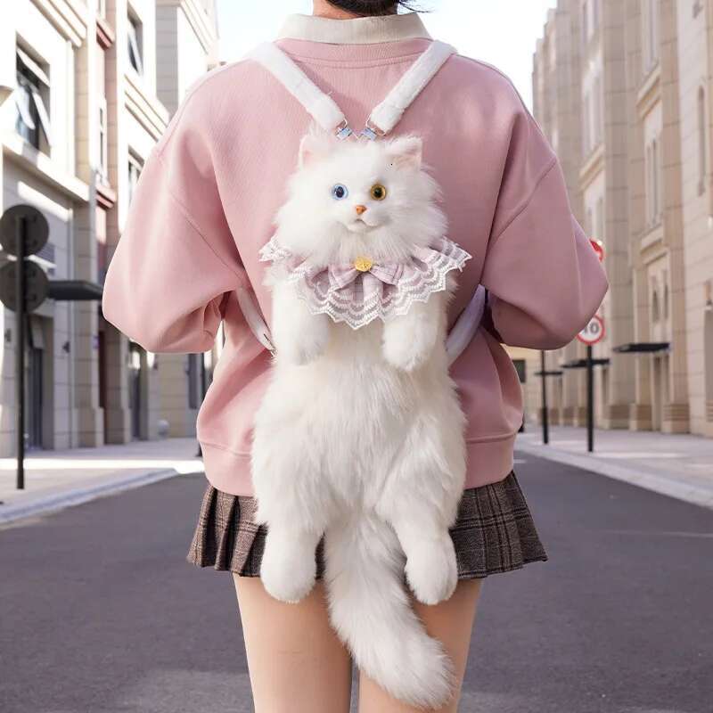 Super Cute Trendy Fashion White Plush Girl Backpack Pure Handmade Simulation Cat Shopping Bag Birthday Gifts For Kids