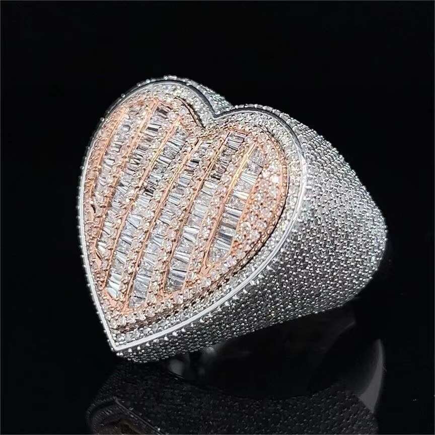 Moissanite Hiphop Diamond Ring Hip Hop Baguette Cut Heart Shape Rose Gold Plated 925 Sterling Silver Vvs Moissanite Ring
