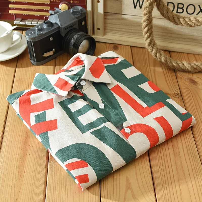 Mens fashionable mens breathable pure cotton British style outdoor printed ultrathin casual long sleeved shirt 250427