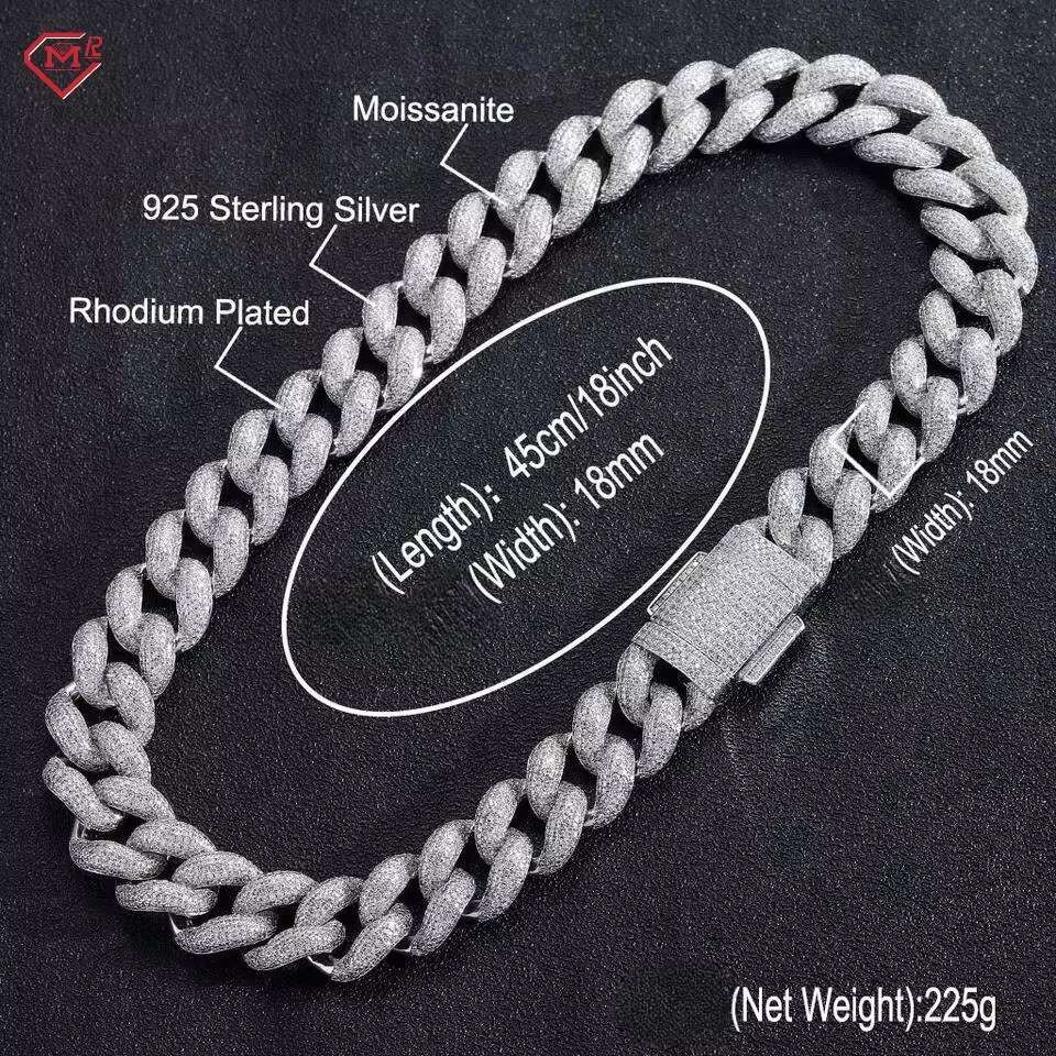 Luxury 18mm Cuban Chain Sterling Silver VVS Iced Out Hip Hop Borderless Miami Cuban Link Chain