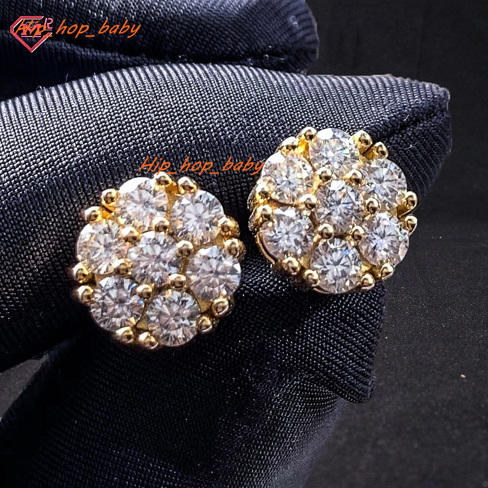 High Quality Moissanite Flower Earrings Gold Plated Stud Scrw Back Hip Hop 925 Silver Moissanite Earrings