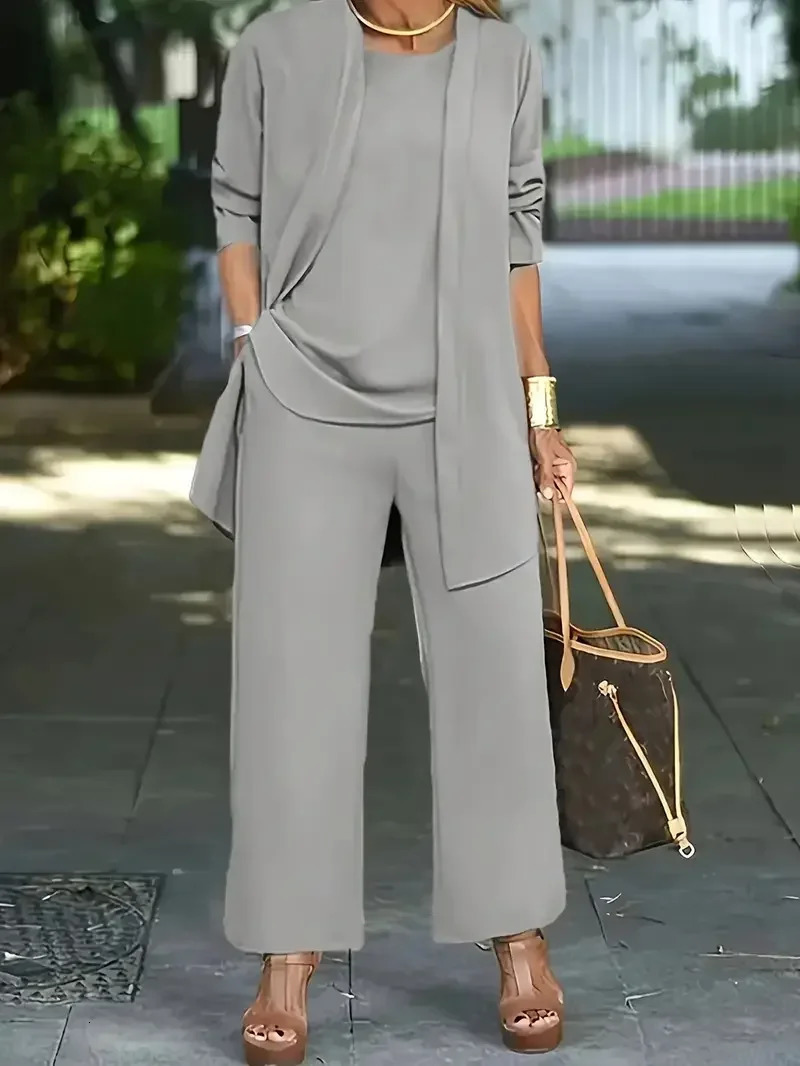 Plus Size 1XL-5XL Womens Fashion 3-Piece Set Womens Casual Long Sleeve cardigan vest and pants set 250427