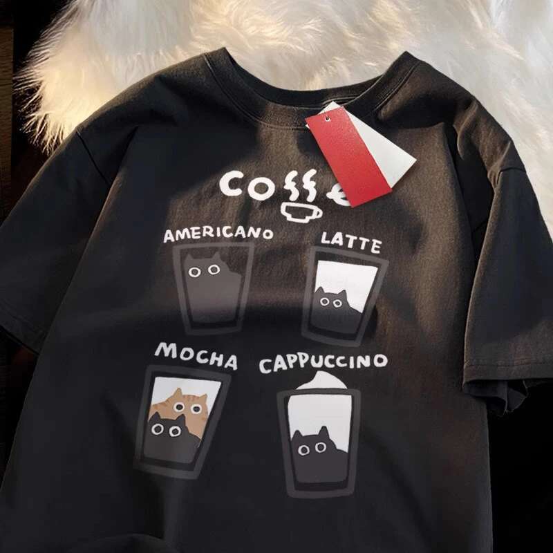 Summer Cream Coffee Cat Print Oversized Loose Short Sleeve Unisex T-shirt Women American Youth Casual Street Couple Top