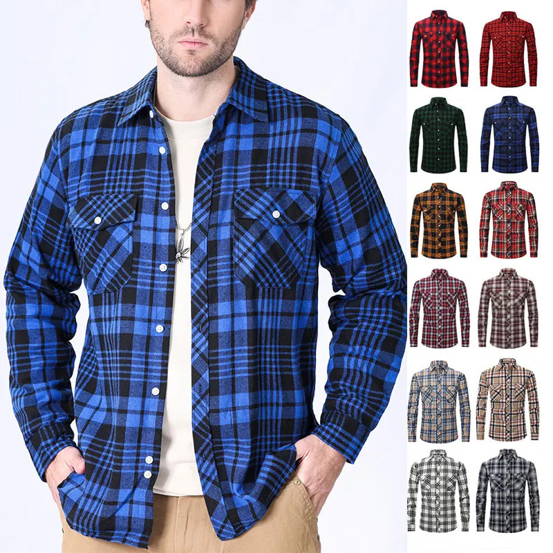 Mens plain weave long sleeved autumnwinter flannel business casual clothing in American sizes fashionable breathable and highquality 250427