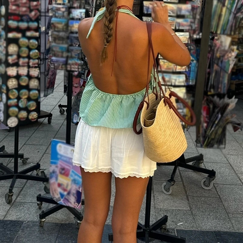 Bohemian plain vest Coquette lace up camisole collar sleeveless vest summer backless crop top womens holiday streetwear 250427