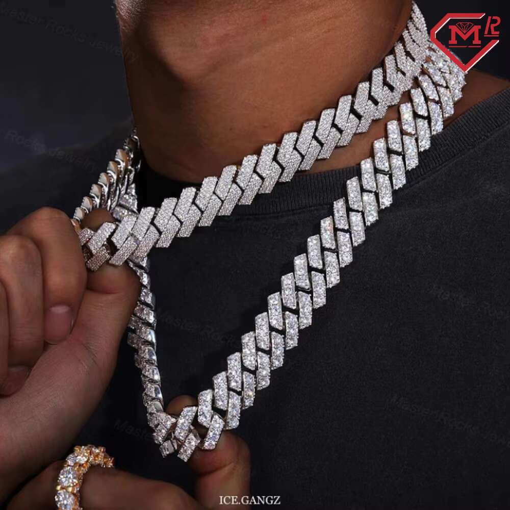 15MM Hiphop Cuban Chain 3 Rows Custom 925 Sterling Silver Vvs Iced Out Moissanite Cuban Link Chain