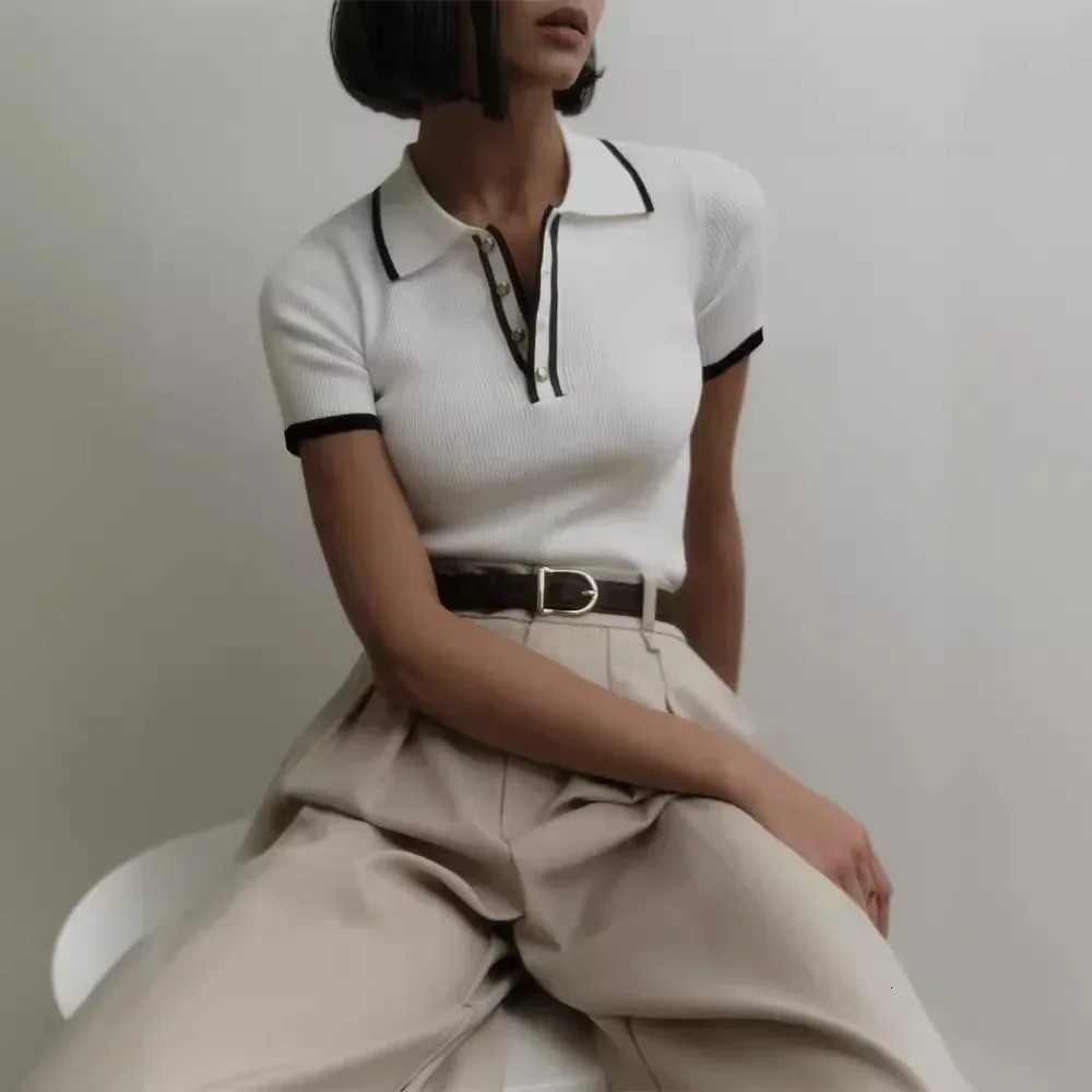 Cross border sources European and American womens clothing summer ice silk knitted sweaters French polo necks short sleeved tops 250425