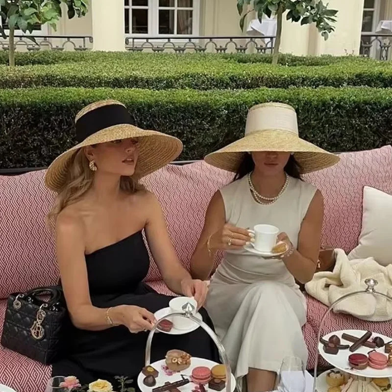 Summer straw hat French elegant seaside travel sun hat bow ribbon flat top large brim straw hat hats for women 250430