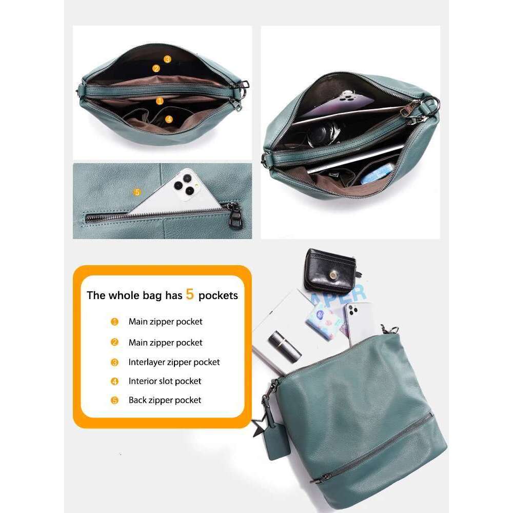 Zency Women Casual Genuine Leather Tote Handbag Shopper Ladies Black Big Shoulder Bags Crossbody Multi-Pocket With Long Strap
