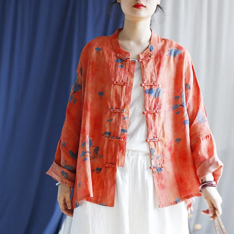 Womens retro cotton linen womens Tshirt and shirt long sleeved oversized coat 250422