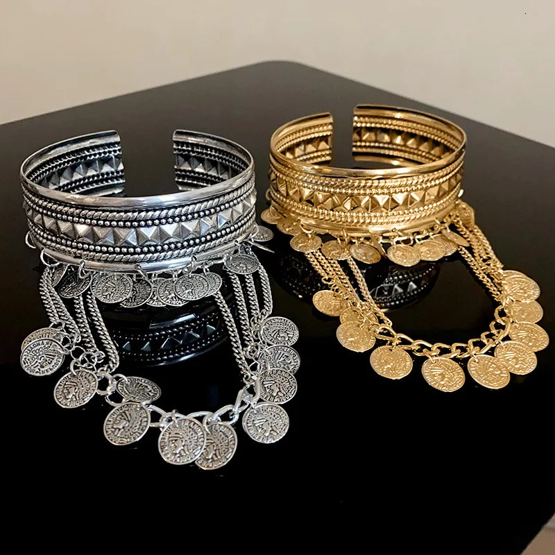 Light Round Coin tassel open bracelet niche creative sensory arm bracelet personalized Gothic handmade jewelry wholesale 250425