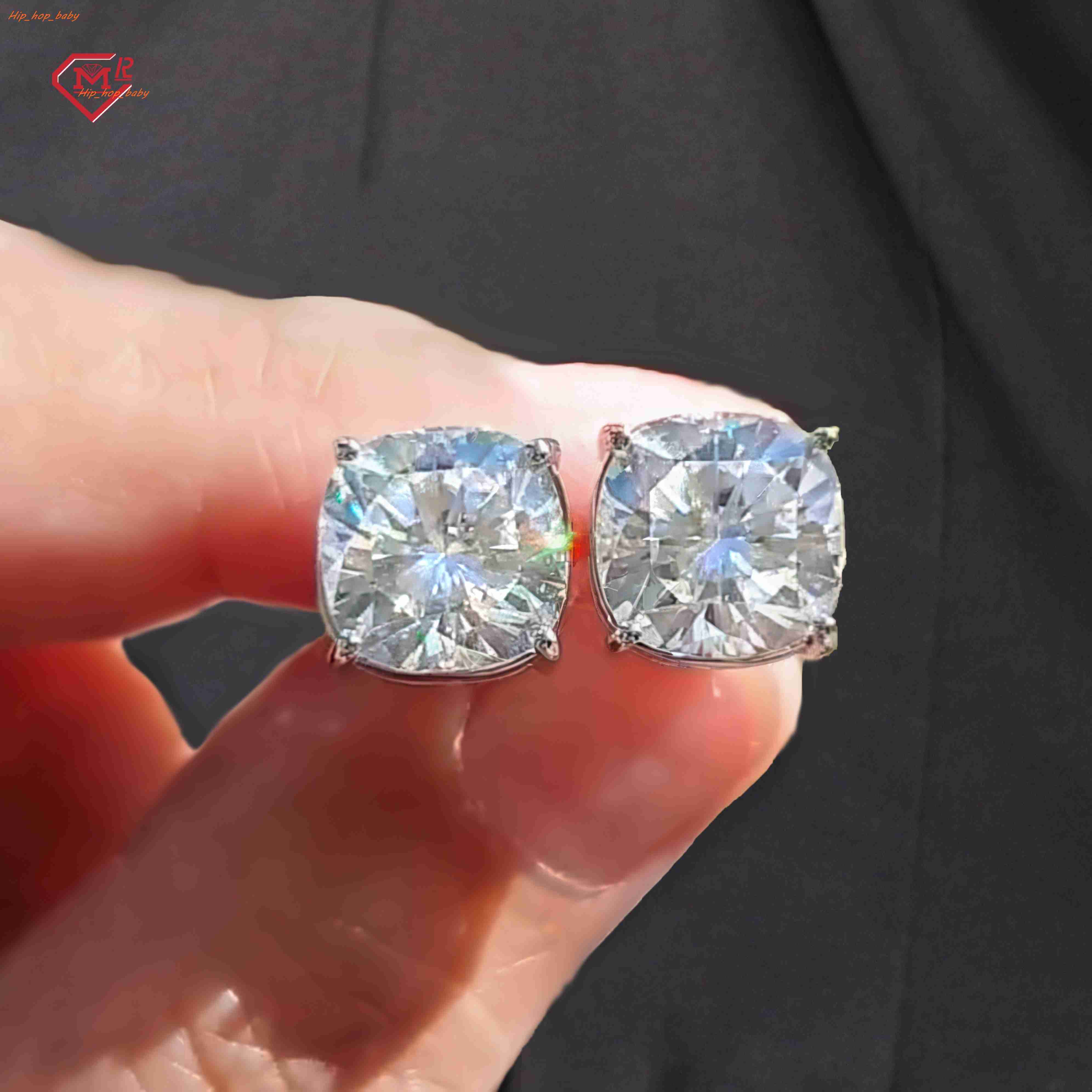Hip Hop Moissanite Stud Earrings Sterling Silver Claw Setting Screw Back Moissanite Earrings