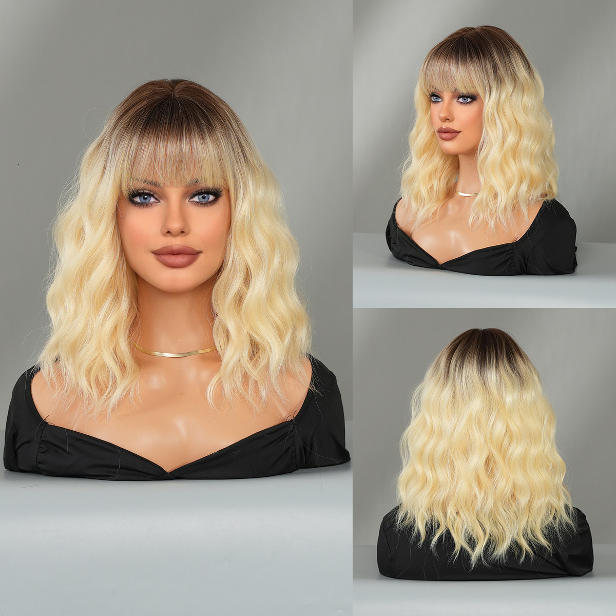 gold Gradient wave shoulder length wig for women full head cover with bangs hair dye on the top of the head commonly used in Japan