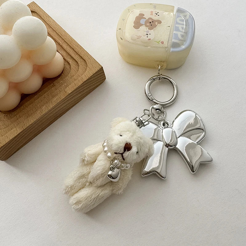 Plush Small Bear Pearl Chain Keychain Cute Doll Bag Charms Big Metal Bow Pendant Keychain Girl Heart Hanging Ornament Jewelry 250430