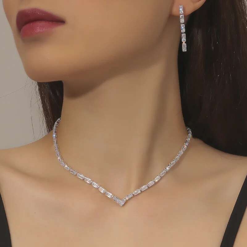 Simple Geometric Zircon Necklace Women Crystal Earrings For Wedding Bride Jewelry Sets Accessories