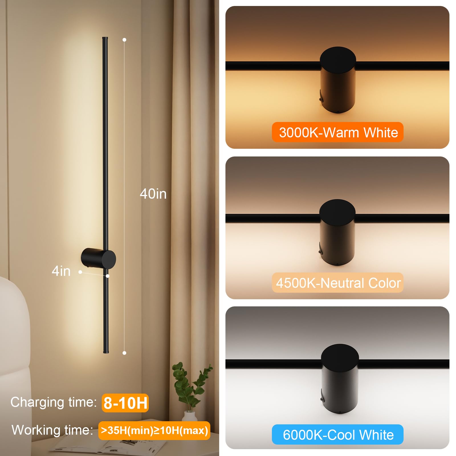 31.5 Inch Battery Operated Wall Sconce,Black Minimalist Rechargeable LED Wall Lights with Remote, 18 Colors Dimmable Wireless Wall Lamp for Living Roo
