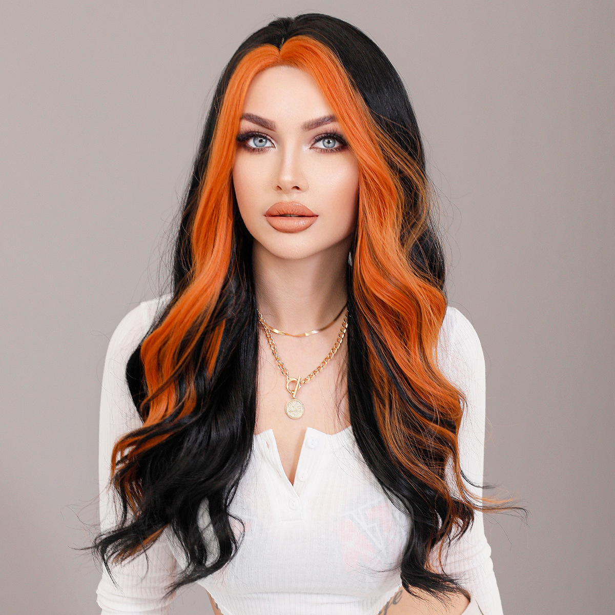 lace Small Asian dyed orange long curly hair with big waves split wig natural hair stitching wig womens full head cover