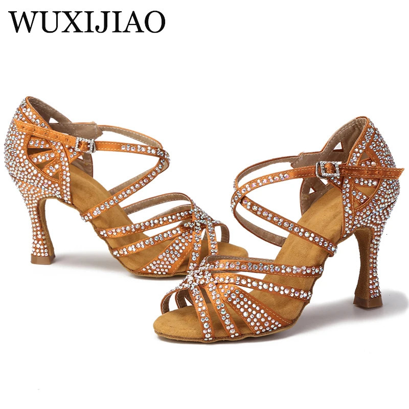 Wuxi womens party dance shoes satin shiny rhinestone soft sole Latin dance shoes womens salsa dance shoes 250425