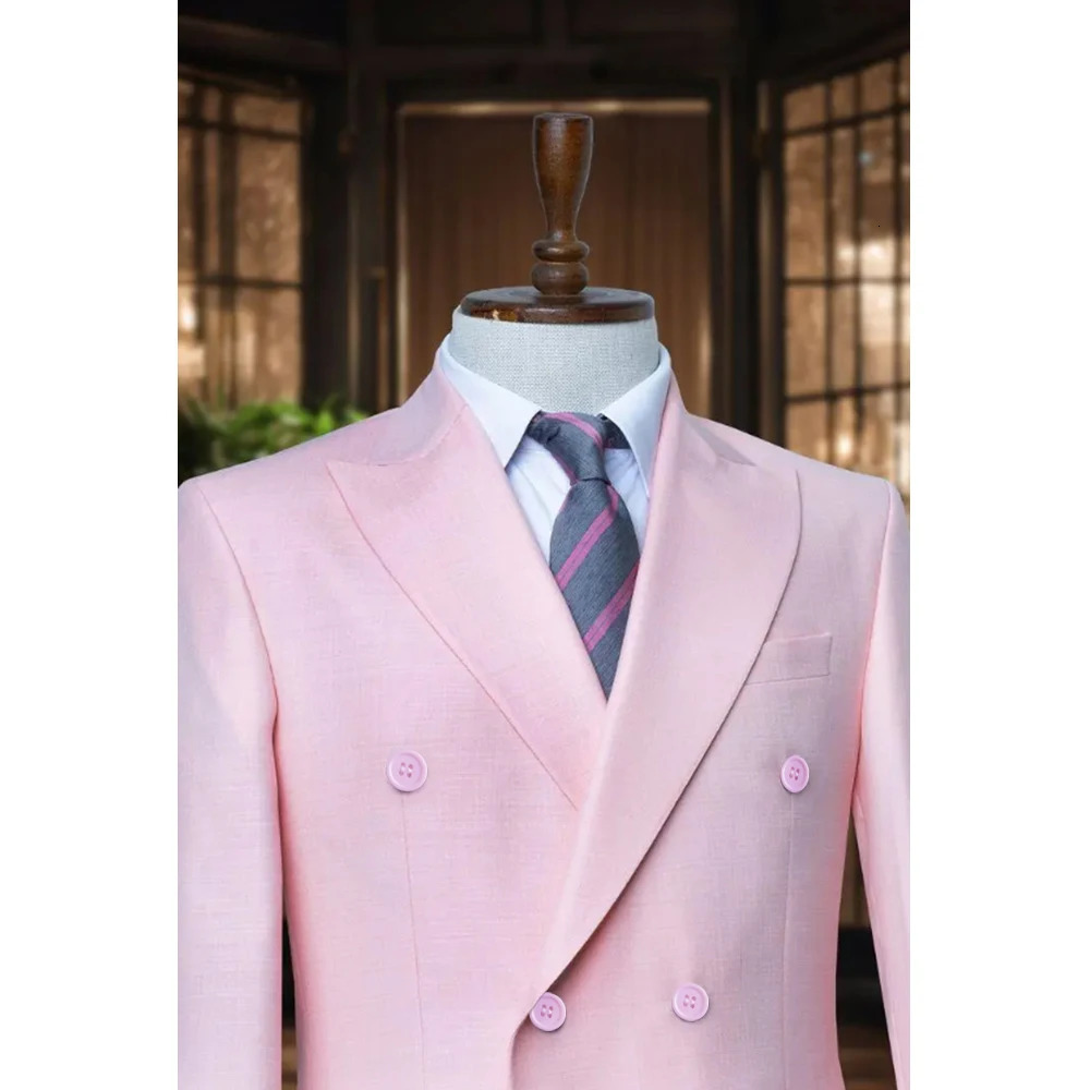High quality pink mens 2piece set jacketpants double chest slim fit business gentleman wedding groom jacket 250428