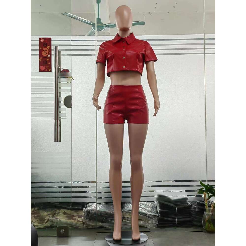 S6861 European and American women's jacket buckle waistband short sleeved imitation leather shirt shorts set 2025 new casual versatile fashion cl