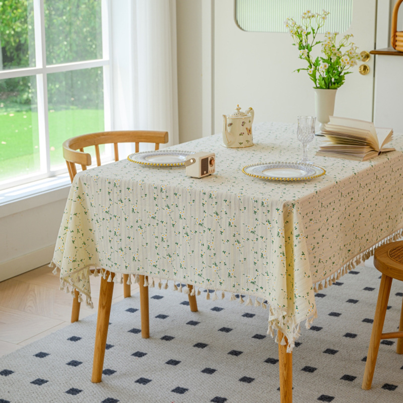 W24 Small fresh cotton and linen fabric tablecloth ins small daisy floral tablecloth tassel photo simple rectangular tablecloth