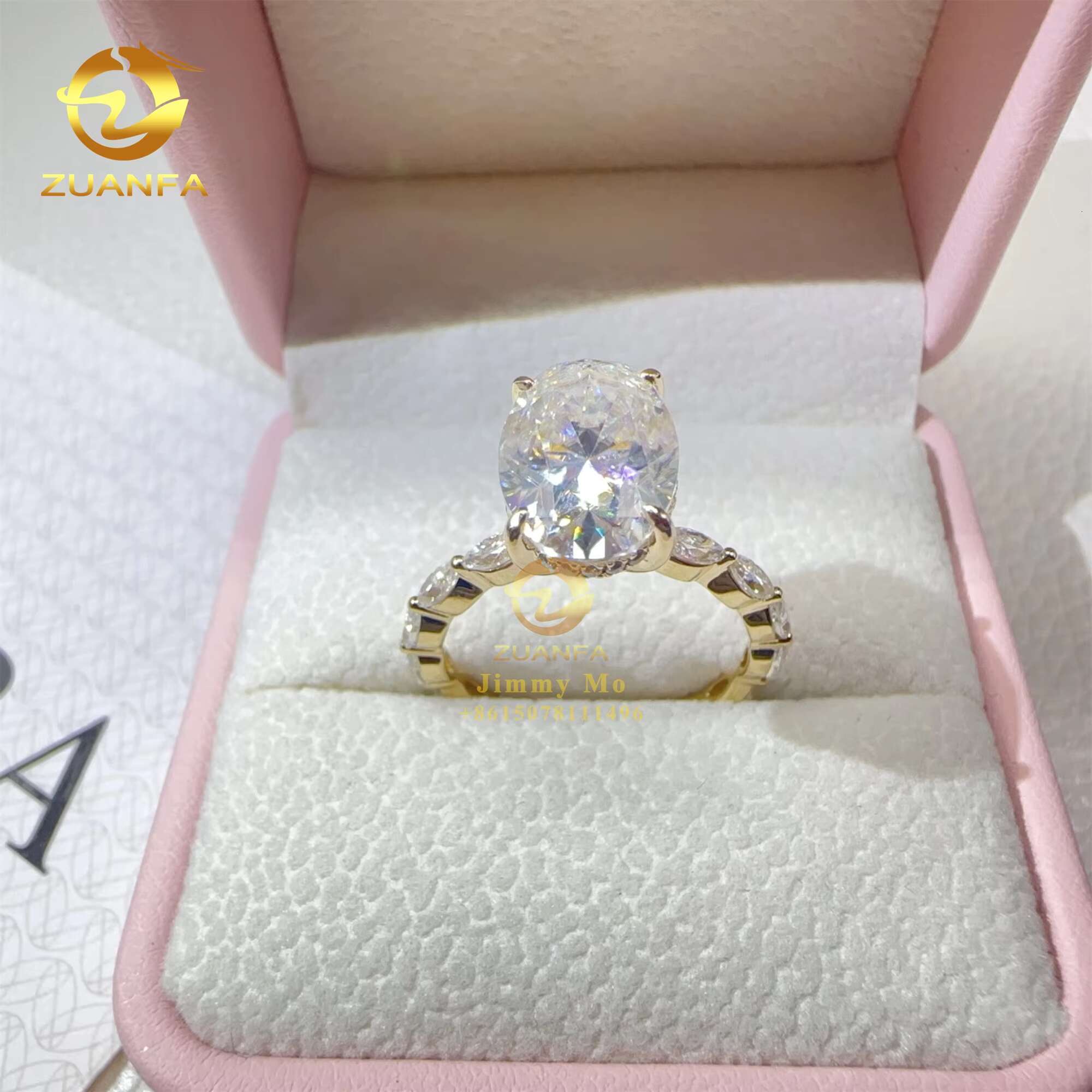 14k Yellow Gold 4.5ct Iced Crushed Oval Marquise Moissanite Diamond Engagement Wedding Band Ring Women Gift GRA Certificate