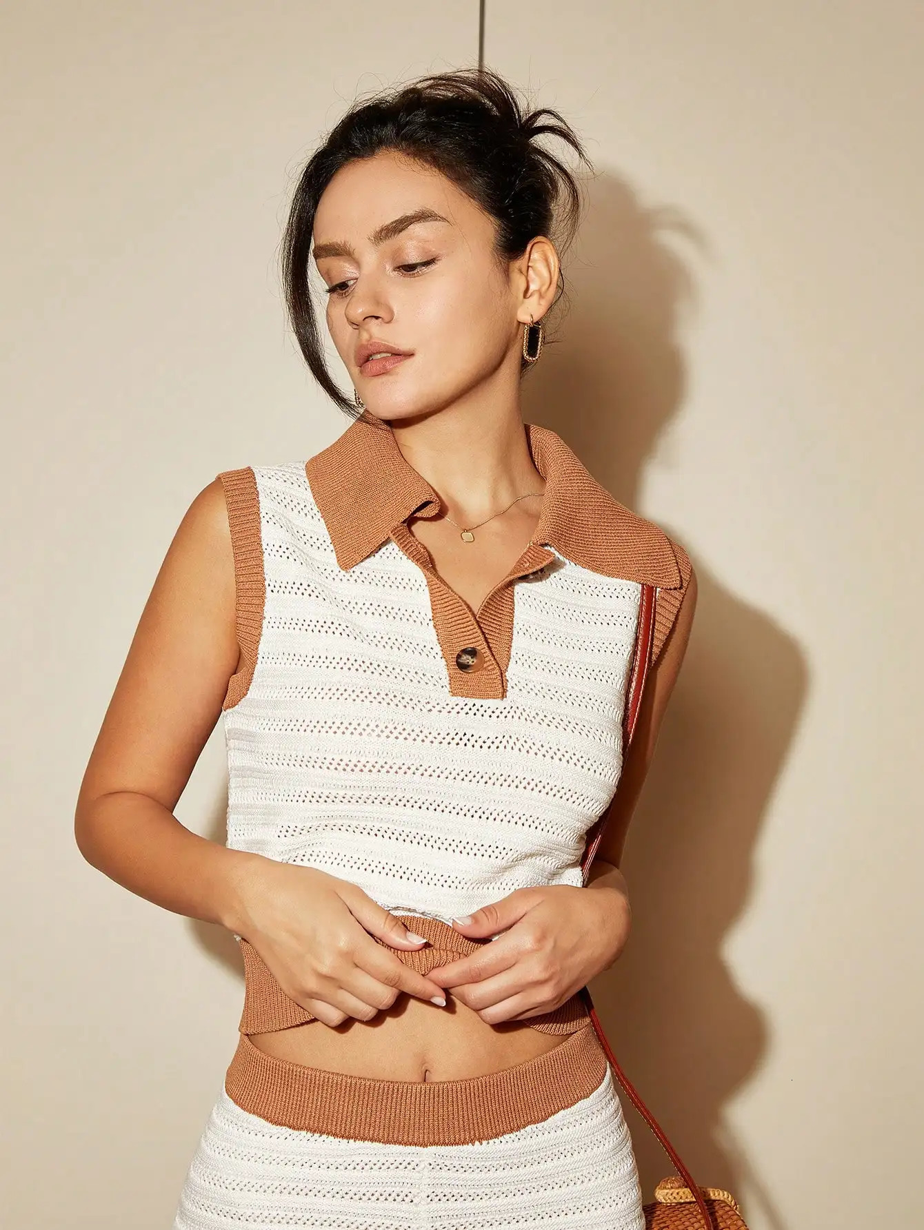 AEL Summer Womens Knitted Top Casual Simple Sleeveless Shirt Collar Zipper 250425