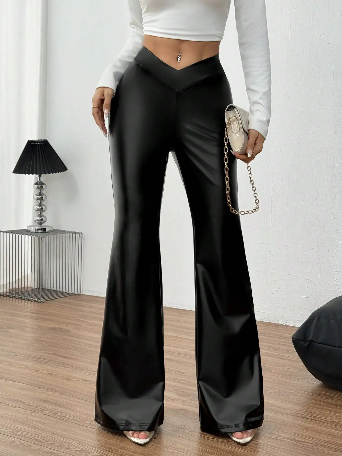 Sexy Vwaist invisible zipper corner pants leg shooting PU black autumnwinter womens 250428
