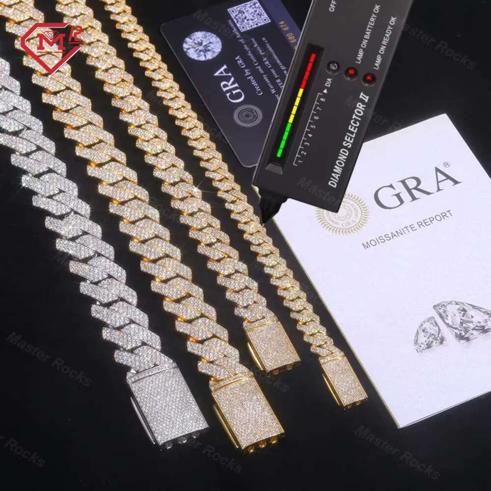Factory Custom 10mm 12mm 14mm Vvs1 Moissanite Chain 925 Silver Iced Out Hip Hop Moissanite Cuban Link Chain