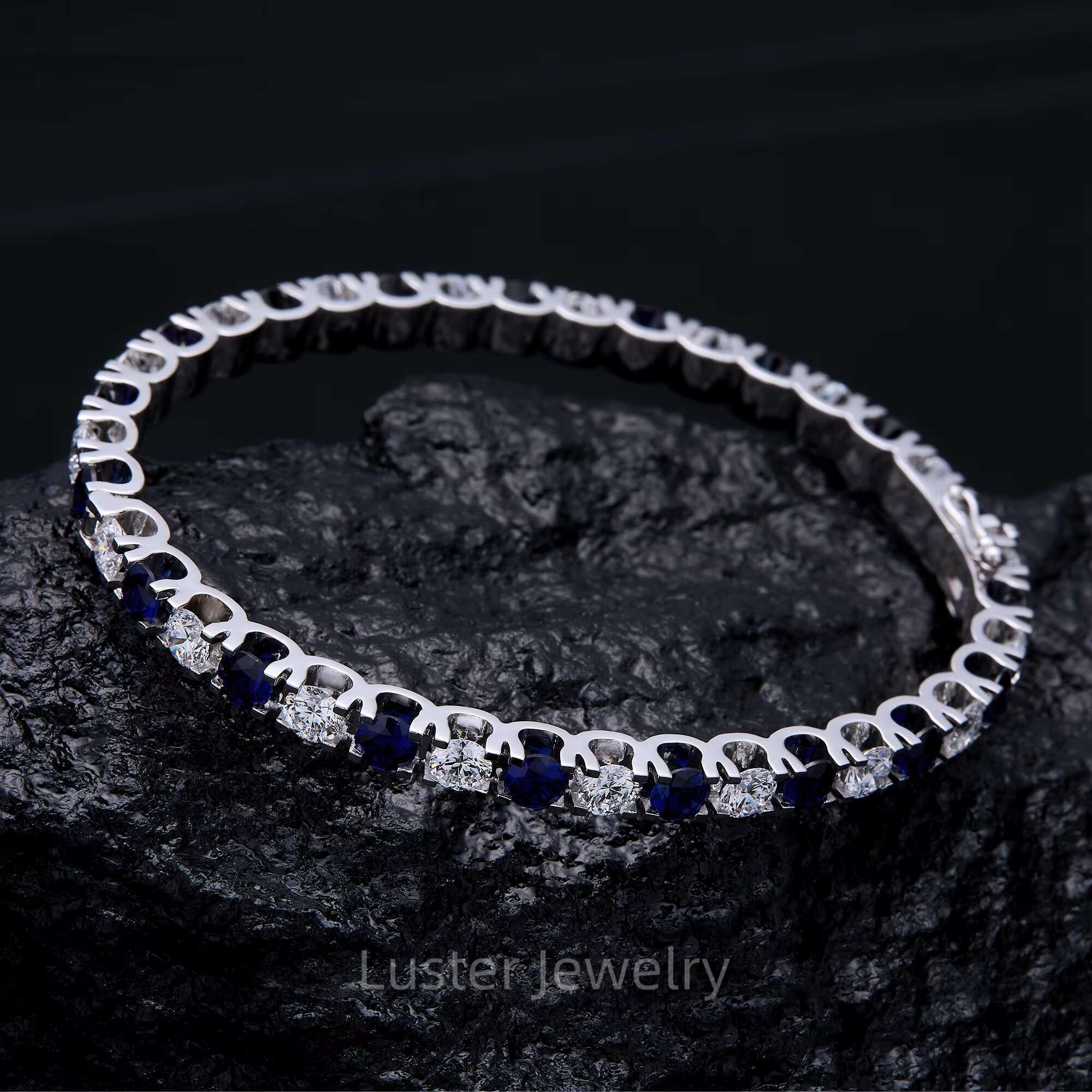 Luster Glamorous 925 Sterling Silver 4mm VVS Round Moissanite Diamond Royal Blue Lab Sapphire Tennis Bracelet for Women