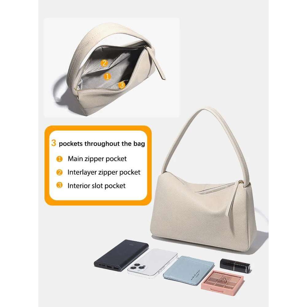 Zency Elegant Genuine Leather Top-handle For Women Simple Shoulder Handbag Ladies Underarm Bag Beige Brown Top Zipper