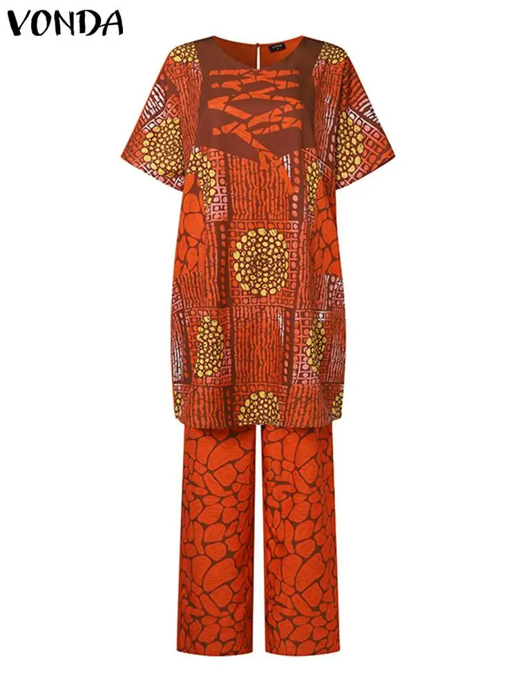 Size Up VODA Womens Bohemian Printed Pants Set Summer Short Sleeve Summer Top and Mens Casual Set 2-piece Set 250427