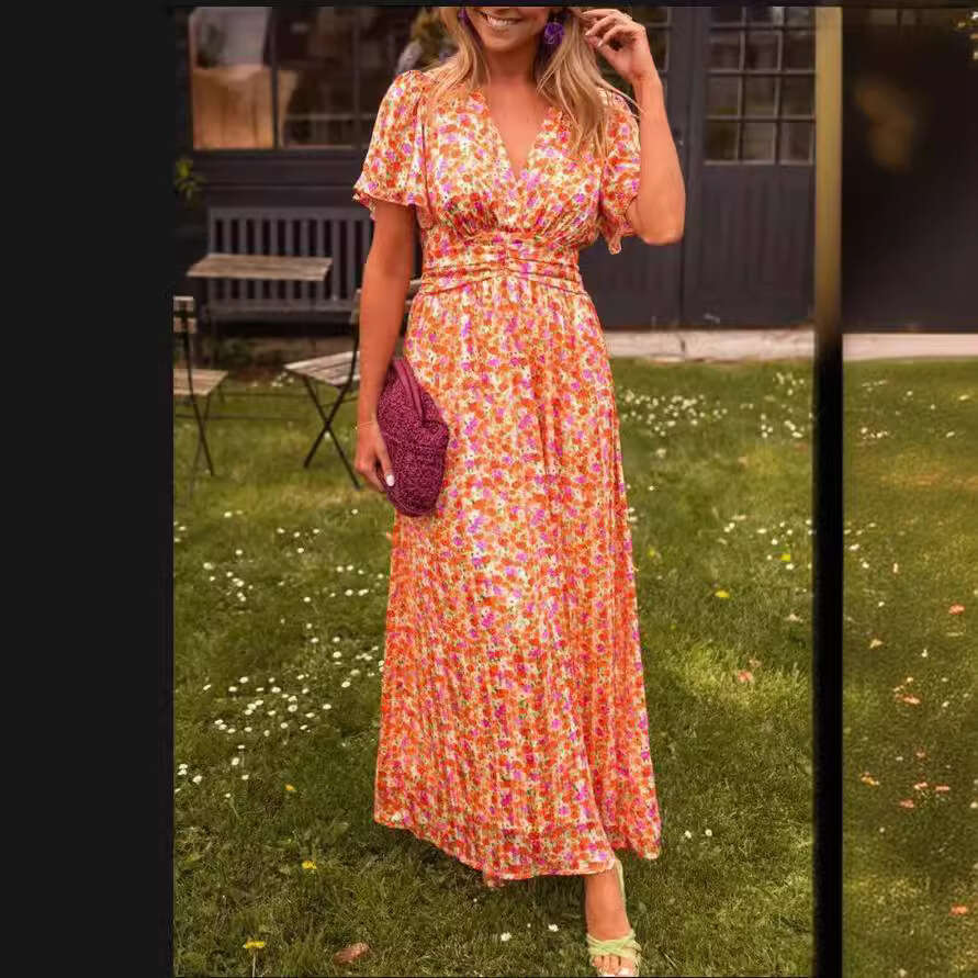 European and American women's print waist cinched V-neck dress long skirt 2025 temperament versatile new trend clothing ins