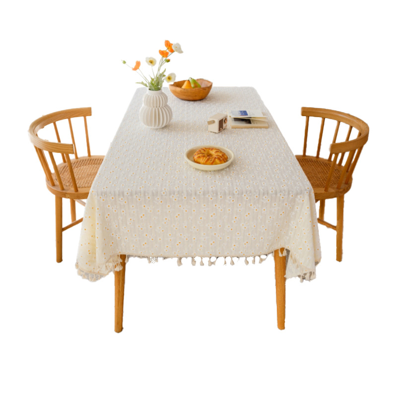 W24 Small fresh cotton and linen fabric tablecloth ins small daisy floral tablecloth tassel photo simple rectangular tablecloth
