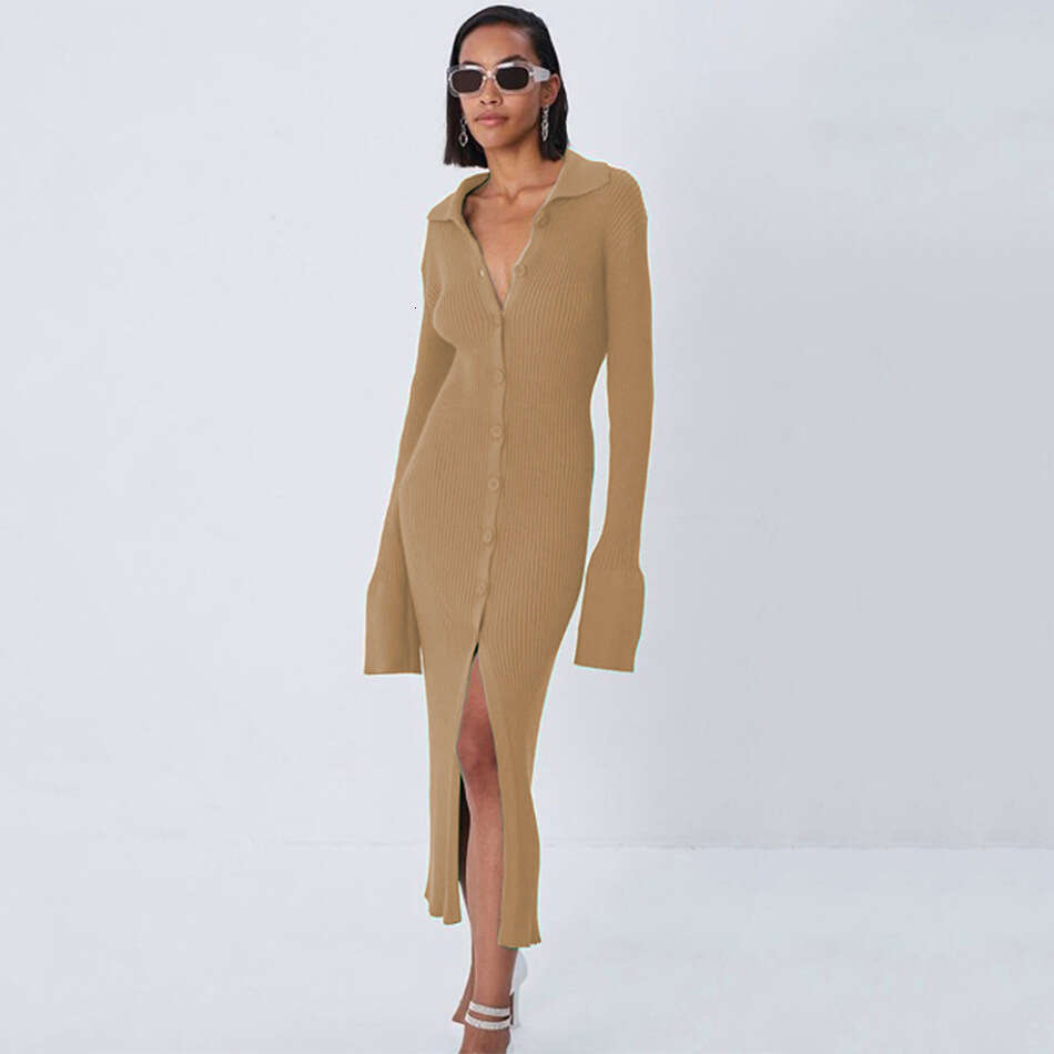 European and American 2021 autumn women's sleeved V-neck long flared sleeve sweater dress 0005 2025 new casual versatile fashion clothing