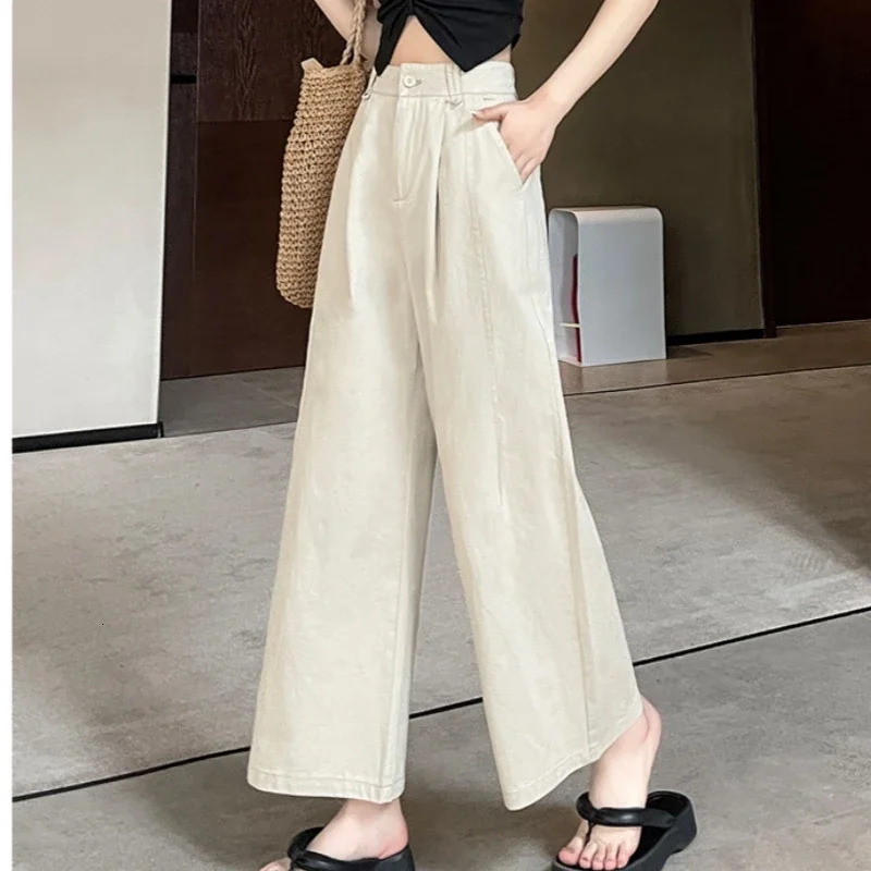 SpringSummer Cotton Wide Leg Pants Suitable for Women Waist Solid Casual Loose Ankle Length Mens Style 250428
