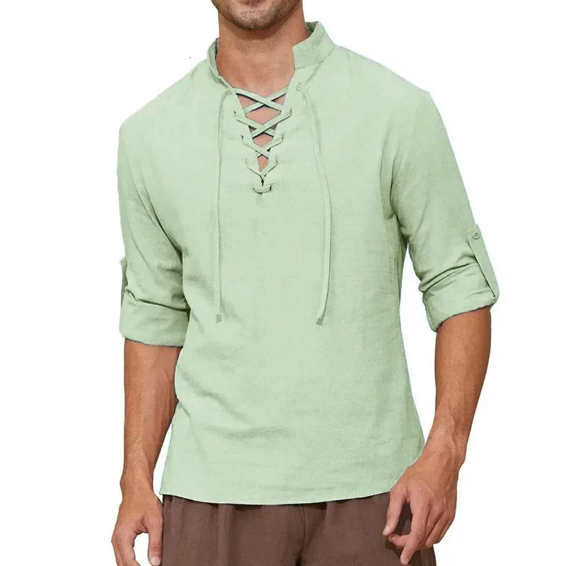 Mens pirate shirt long sleeved cotton linen medieval retro top Halloween costume roleplaying lottery Vneck Tshirt 250430Z