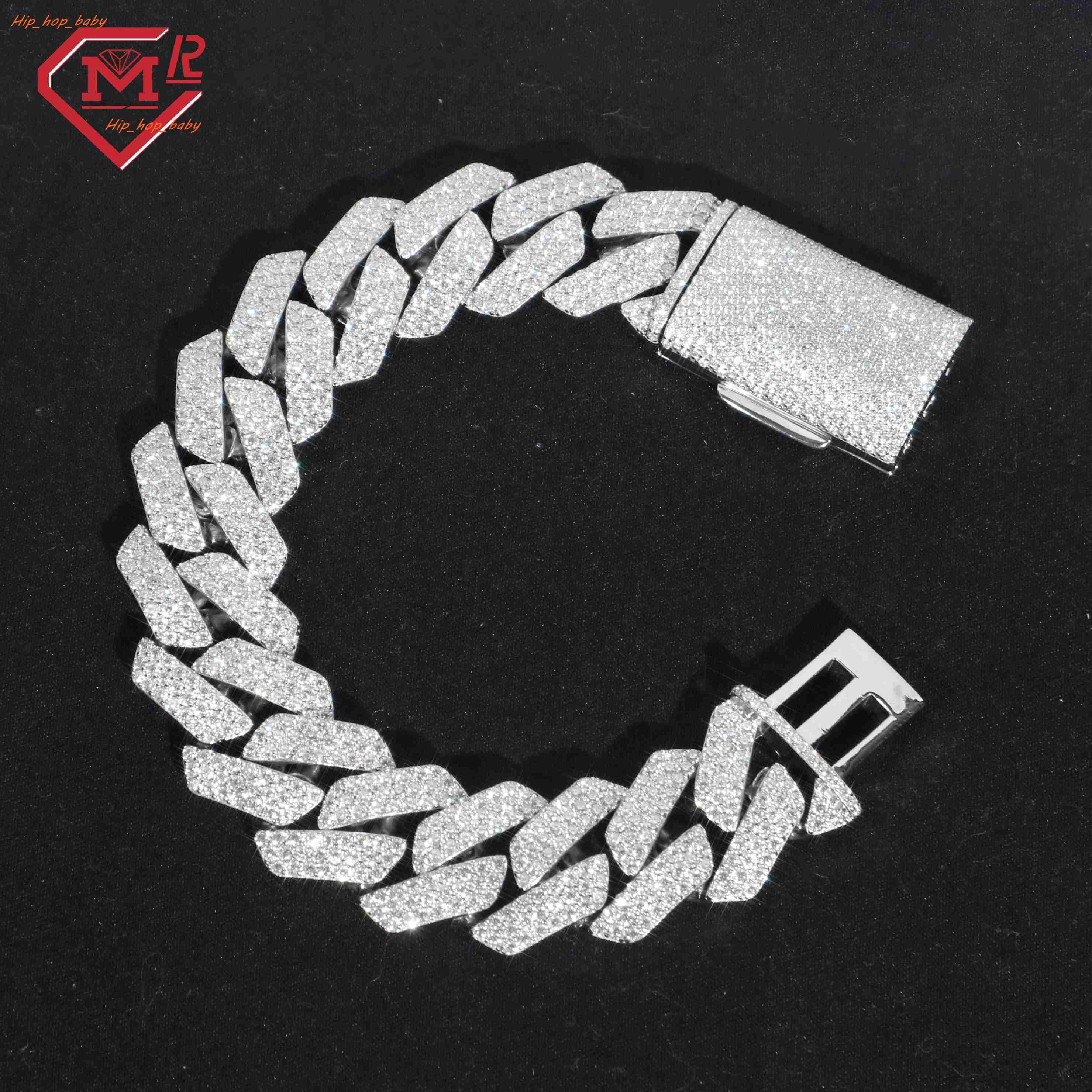 China Factory Moissanite Cuban Bracelet Custom Hip Hop Bracelet3 Rows Real Solid S925 Silver Moissanite Bracelet