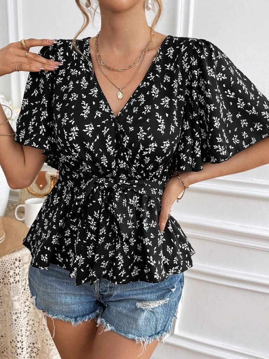 1 sweet floral Vneck short sleeved shirt with belt womens summer French n abdominal coverage weight loss temperature top 250425