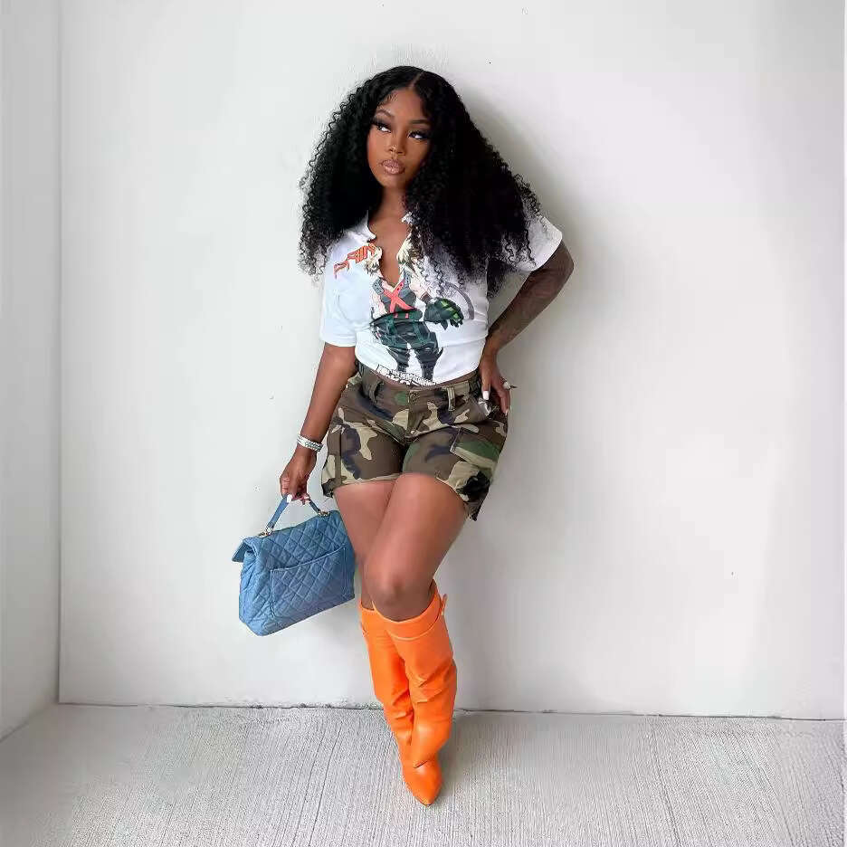 2107 Europe and America Summer Women's Camouflage Printed Patchwork Shorts 2025 New Casual Versatile Fashion Clothing