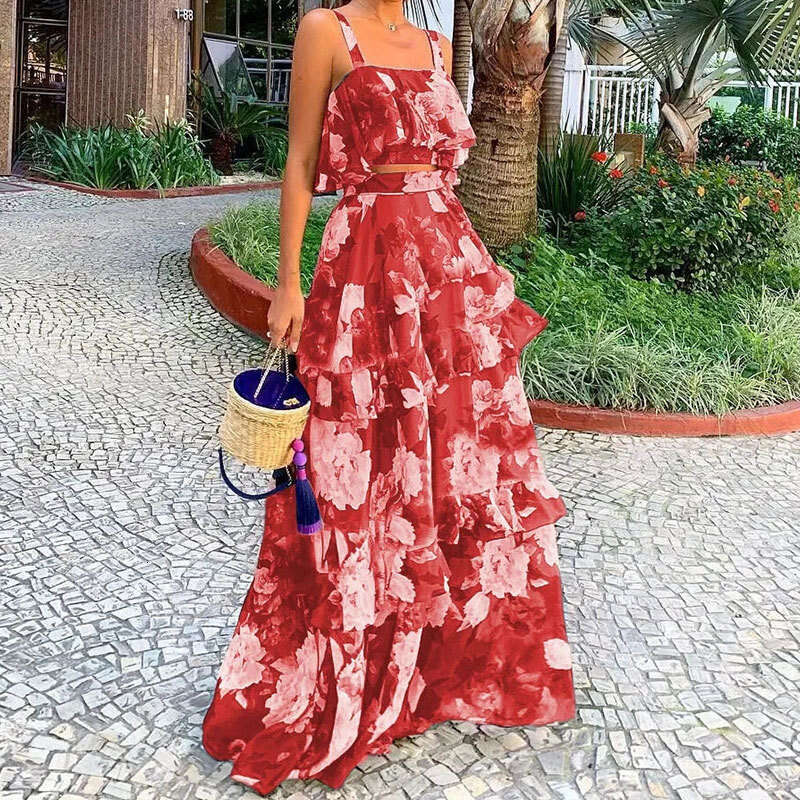European and American Women's Beach Edge Fake Style Printed Two piece Set with Strap Top, Cake Skirt, Long Skirt Set, Versatile New Trendy Clothi