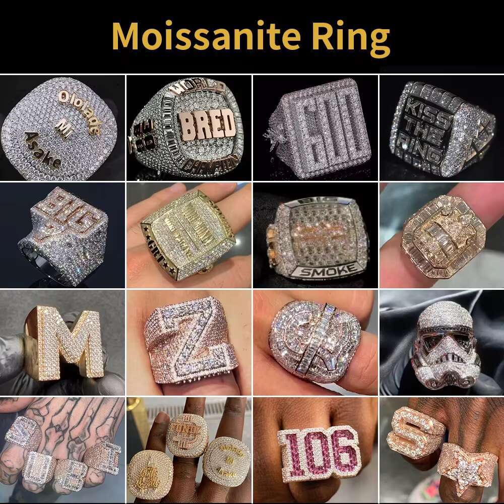 Custom Hiphop Moissanite Ring Fully Iced Out 925 Silver Gold Plated Thick Men Ring Wedding Ring