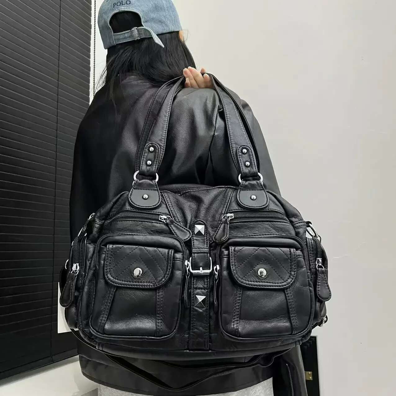 Ladies' Fashionable Retro Vintage Hot Girl Motorcycle Tote With Large Capacity Y2k Washed Vegan Leather Shoulder Bag